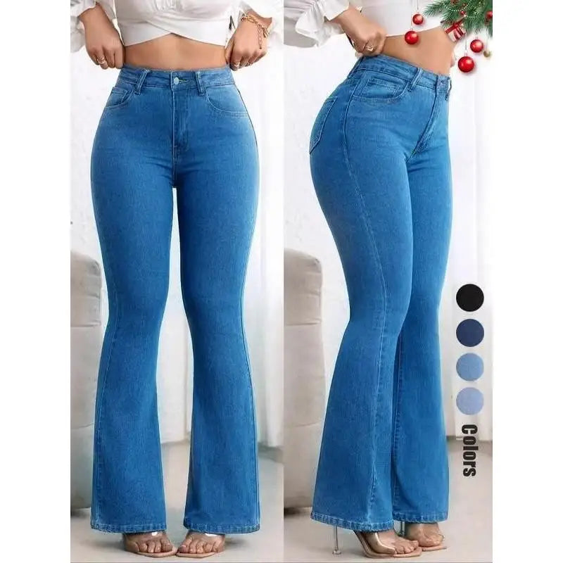 Calça jeans cintura alta, barra larga, denim micro algodão