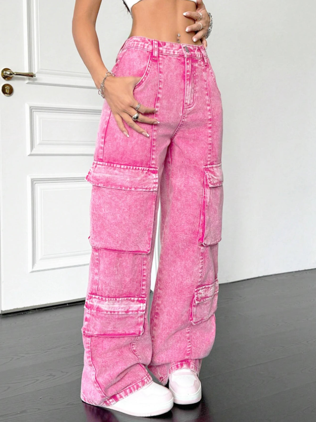 Calça jeans rosa, algodão, larga e solta, Y2K múltiplos bolsos