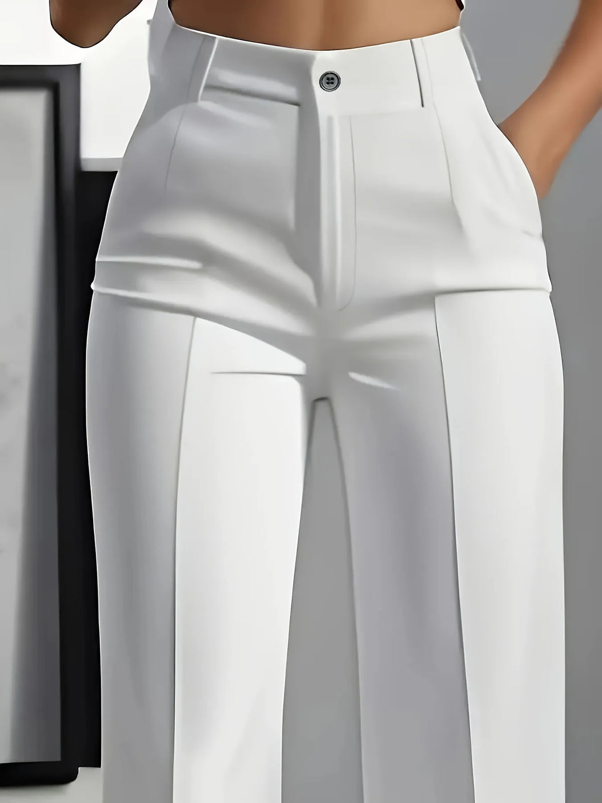 Calça cintura alta drapeada, corte reto, moda europeia