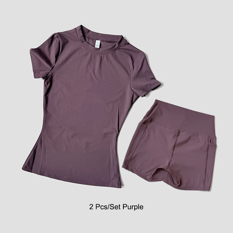 Conjunto de yoga sem costura, fitness, manga curta