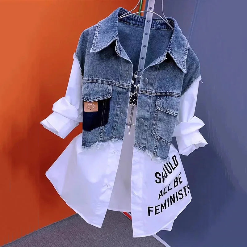 Camisa jeans emenda, primavera/outono, coreano casual