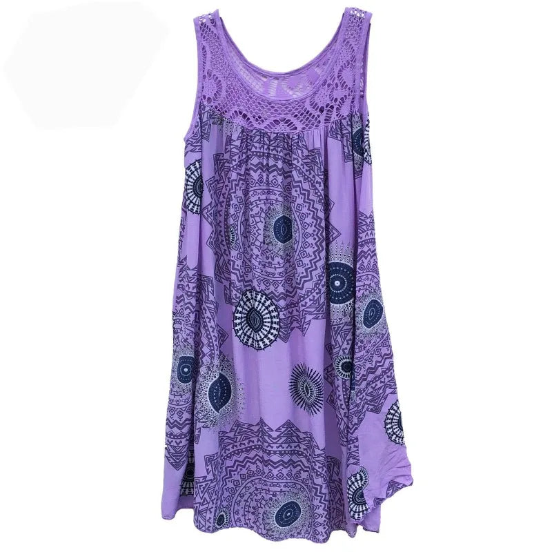 Vestido camisola renda, sem mangas, balanço solto, verão