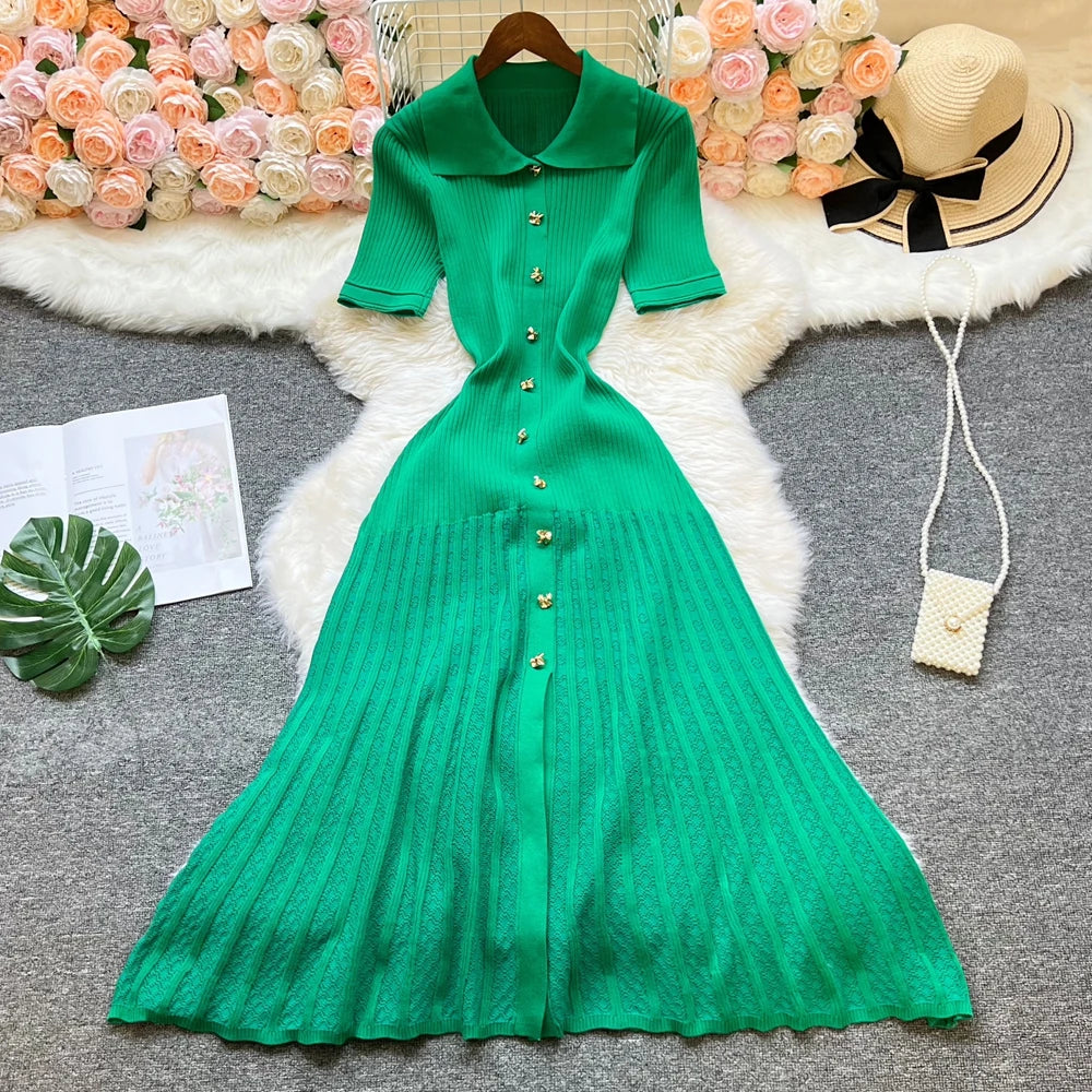 Vestido maxi malha, gola turn-down, vintage, single-breasted