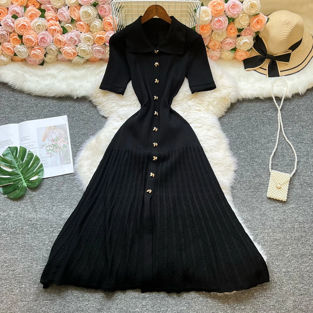 Vestido maxi malha, gola turn-down, vintage, single-breasted