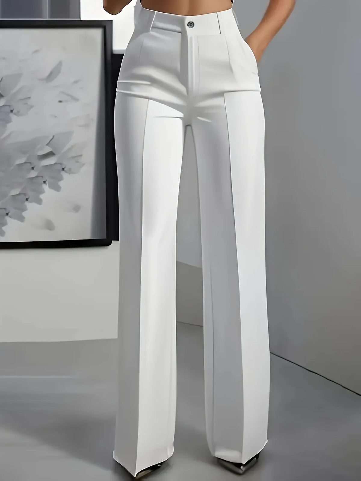 Calça cintura alta drapeada, corte reto, moda europeia