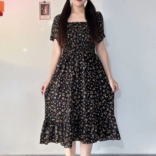 Vestido chiffon estampado, cintura elástica, manga curta