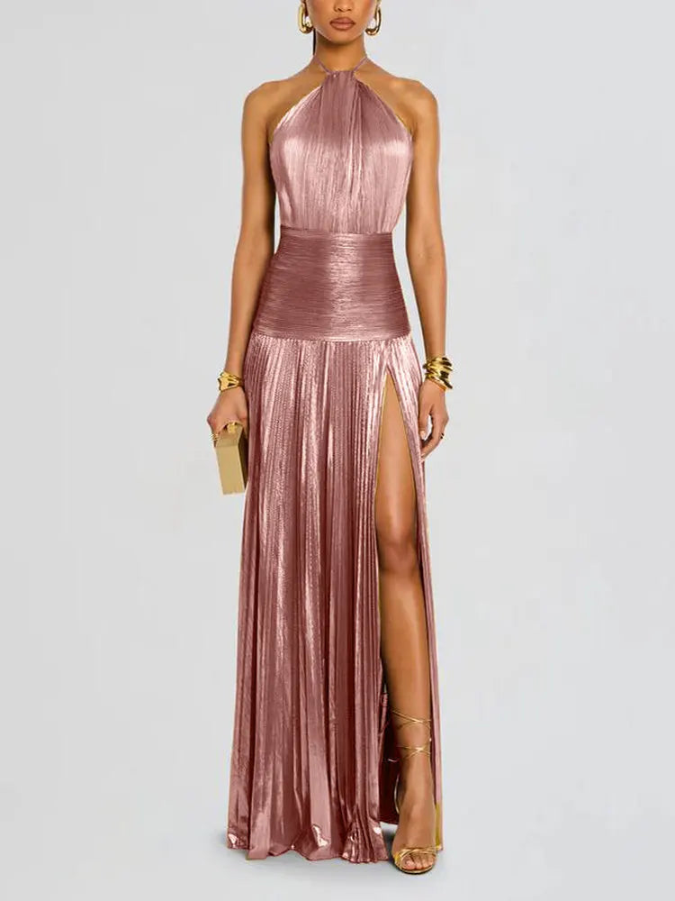 Vestido formal sem mangas, sem costas, faixa, decote halter