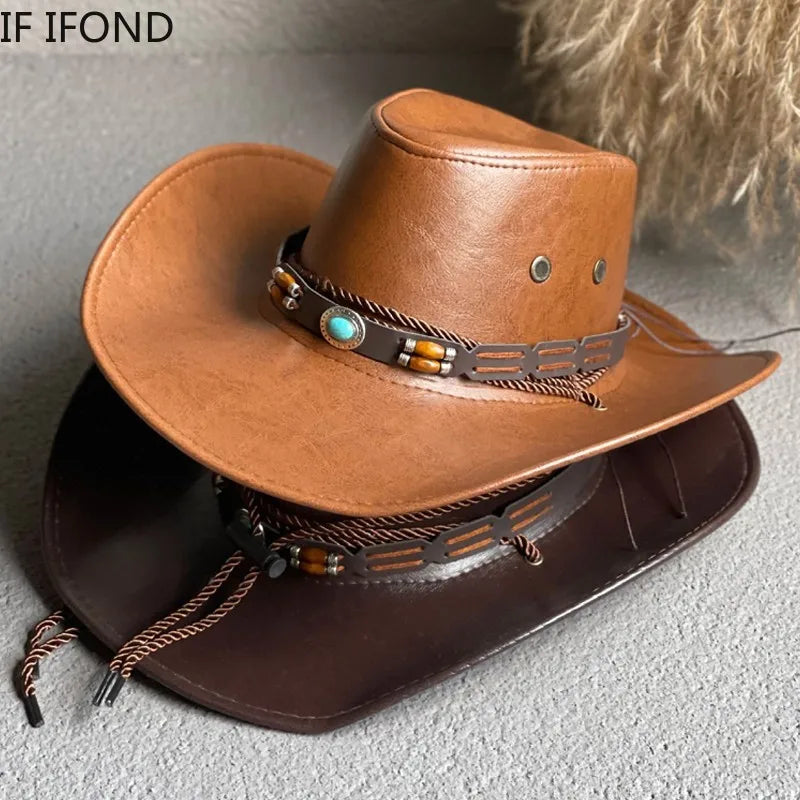 Chapéu cowboy couro sintético, ocidental, vintage