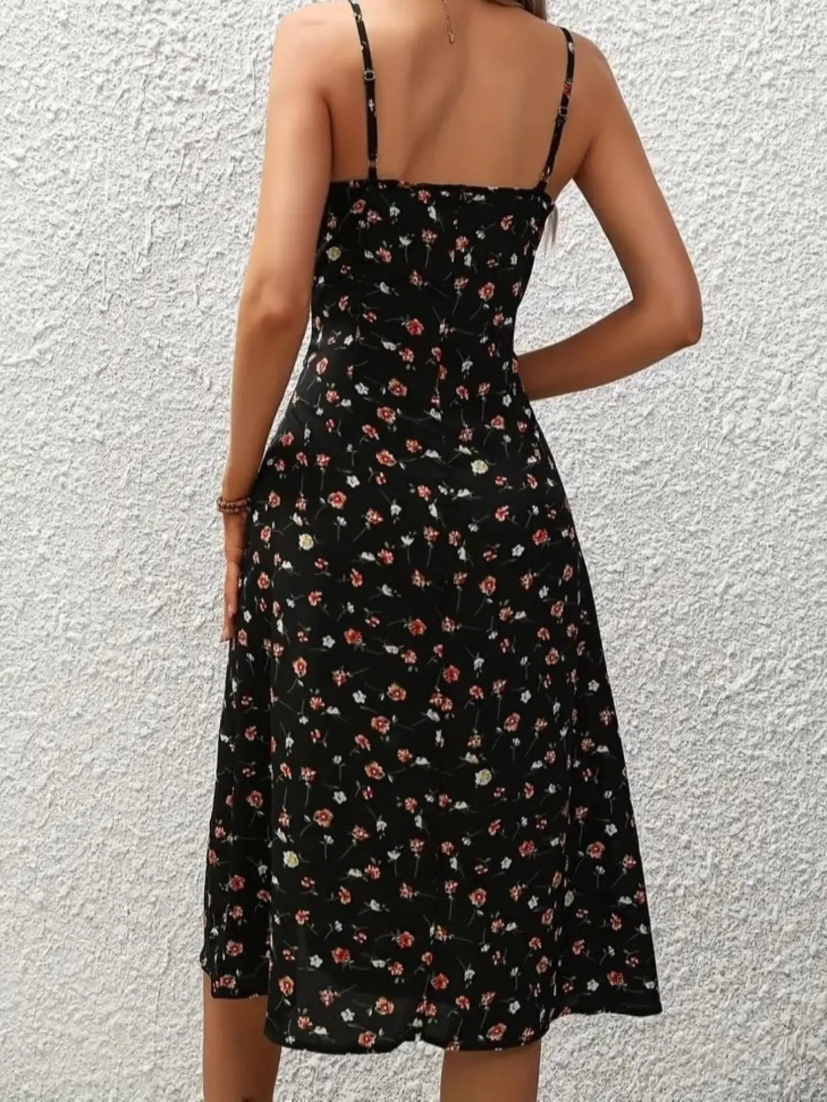 Vestido longo floral assimétrico, bainha boêmia, sem mangas, midi