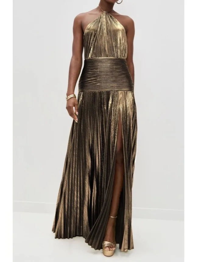 Vestido formal sem mangas, sem costas, faixa, decote halter