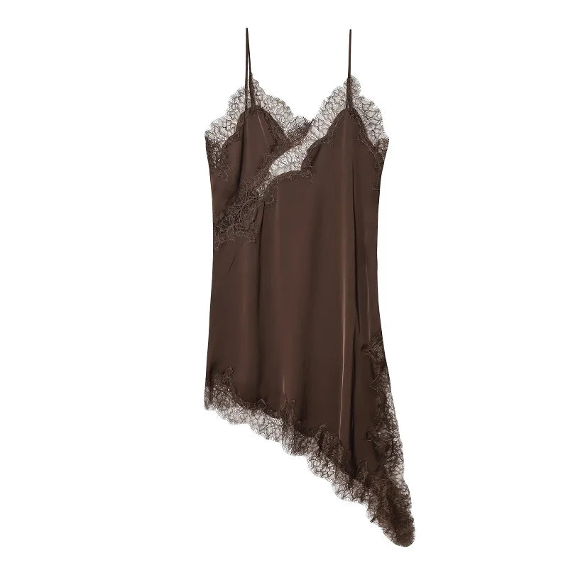 Vestido mini de renda, cetim, sem costas, assimétrico