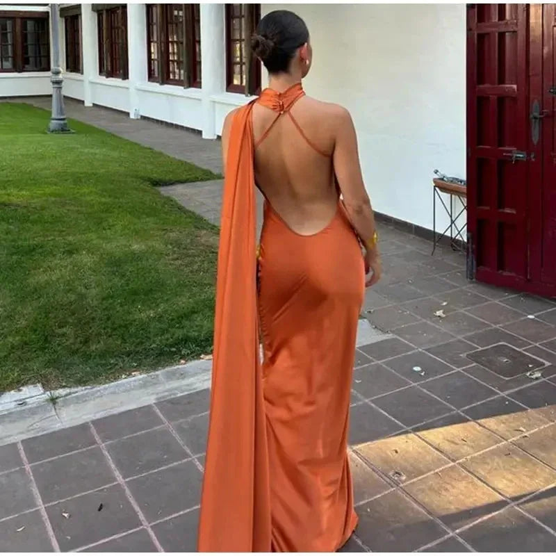 Vestido longo cetim, seda, sem costas, festa