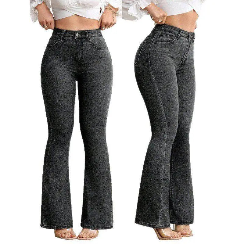 Calça jeans cintura alta, barra larga, denim micro algodão