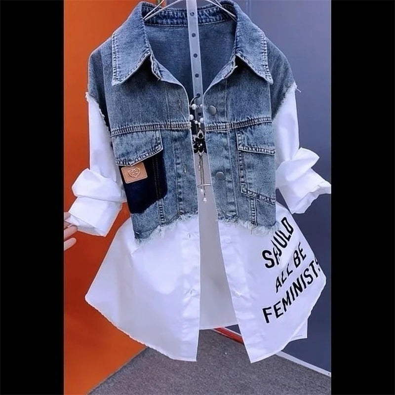 Camisa jeans emenda, primavera/outono, coreano casual