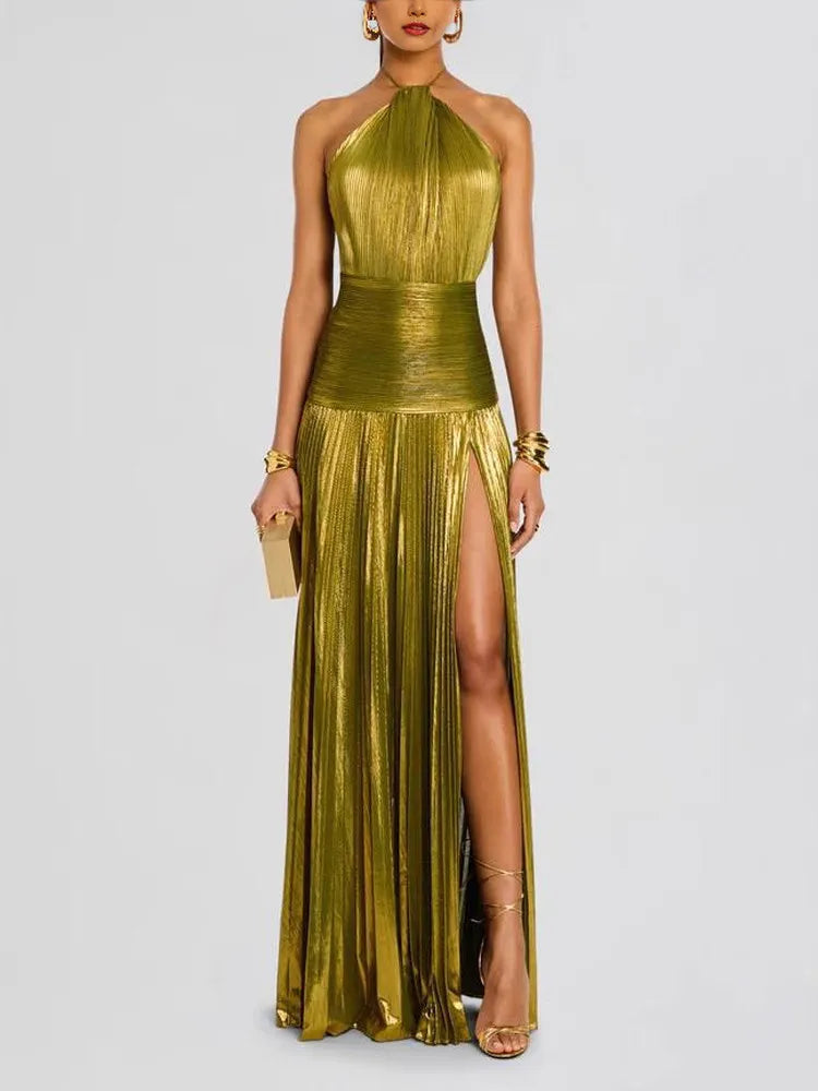 Vestido formal sem mangas, sem costas, faixa, decote halter